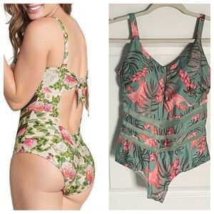 New! Leonisa slimming floral mesh inset one piece keyhole swimsuit 35143